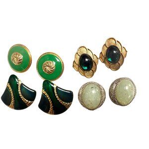 Vintage Paolo Gucci Gripoix & Retro Earrings Set Of 4 - Green & Gold Tones